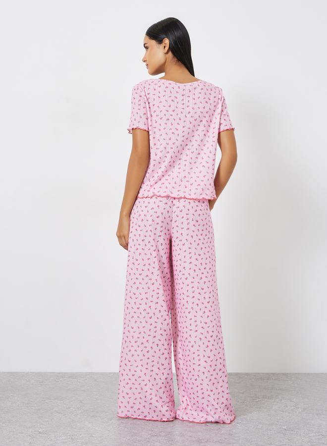 Styli Ditsy Floral Pointelle Dropped Shoulder T-Shirt and Wide Leg Pyjama Set - Image 5